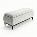 Upholstered storage bench in light gray fabric with black metal legs 120 x 40 x 45cm