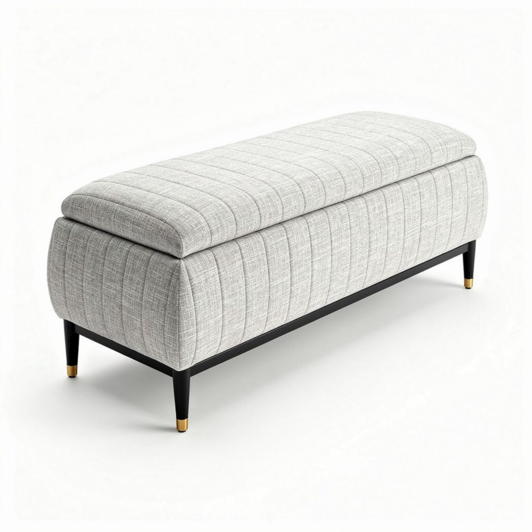Upholstered storage bench in light gray fabric with black metal legs 120 x 40 x 45cm