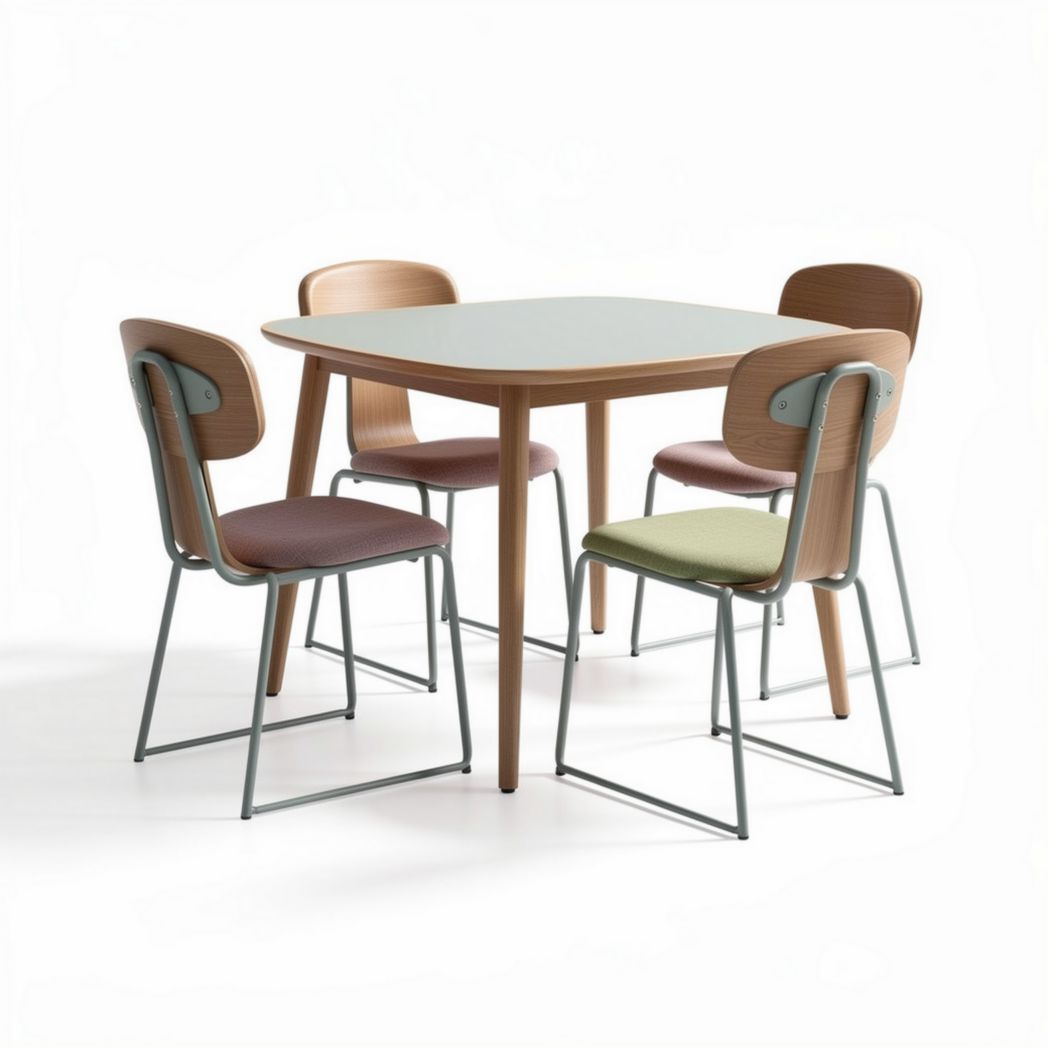 Wooden dining table set with metal frame chairs in multiple colors 90 x 90 x 75cm