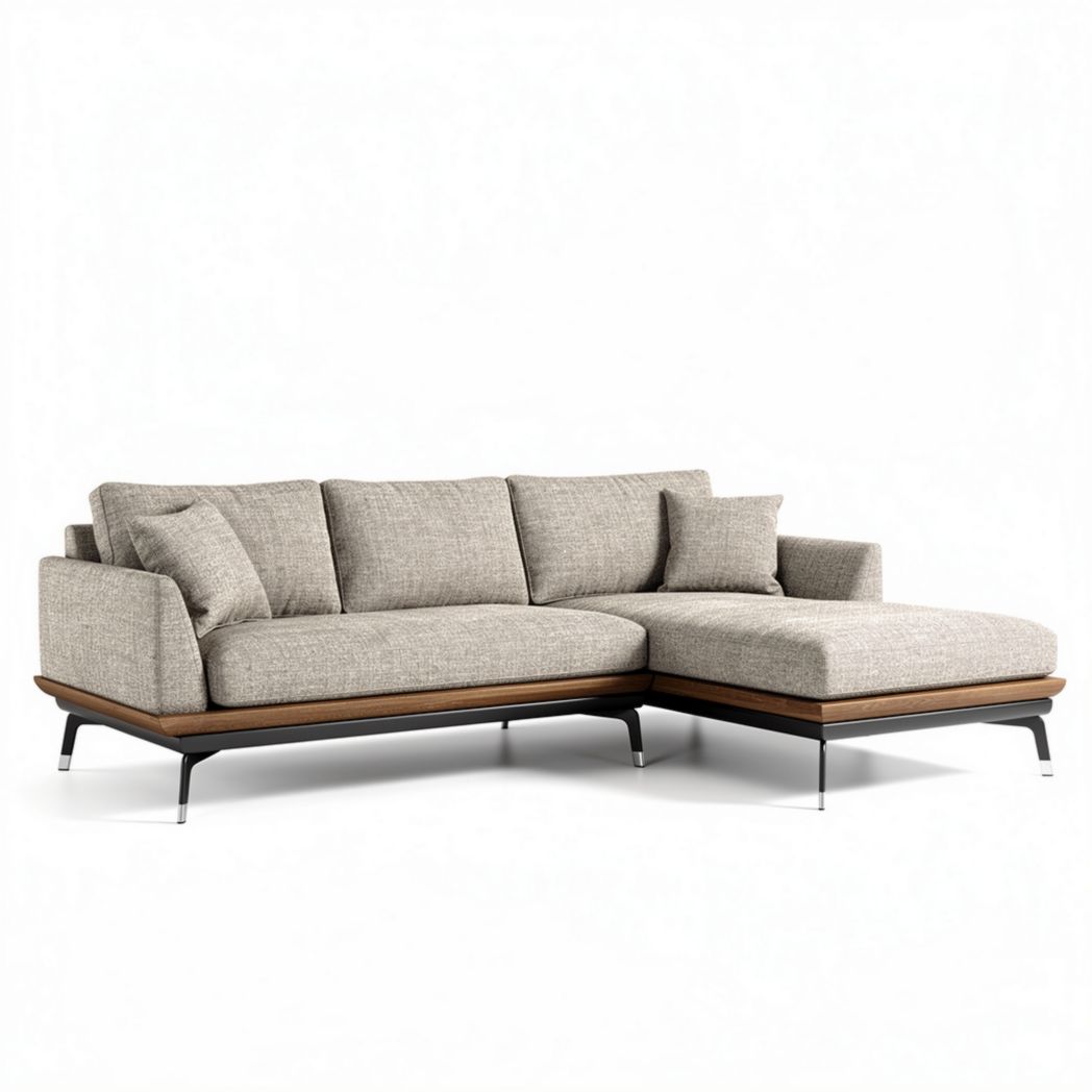 Sofa with chaise lounge in light gray fabric and wood accents 220 x 90 x 80cm
