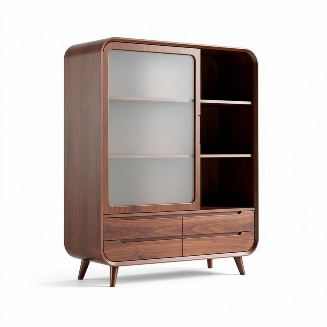 Wooden display cabinet with glass doors and drawers 150 x 40 x 180cm