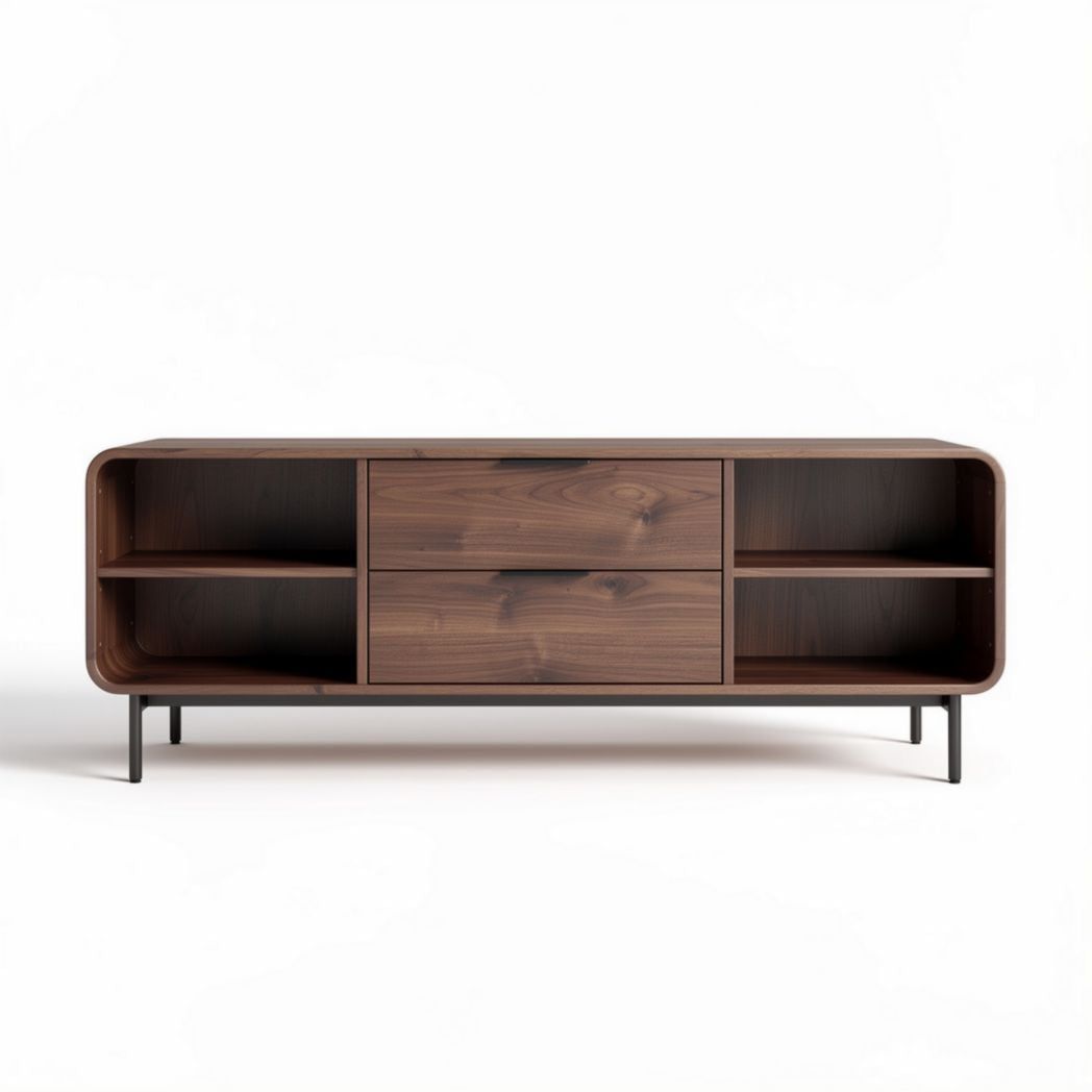 Walnut wood media console with open shelves and two drawers 120 x 40 x 50cm