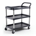 Black plastic utility cart with three tiers and wheels 80 x 45 x 85cm