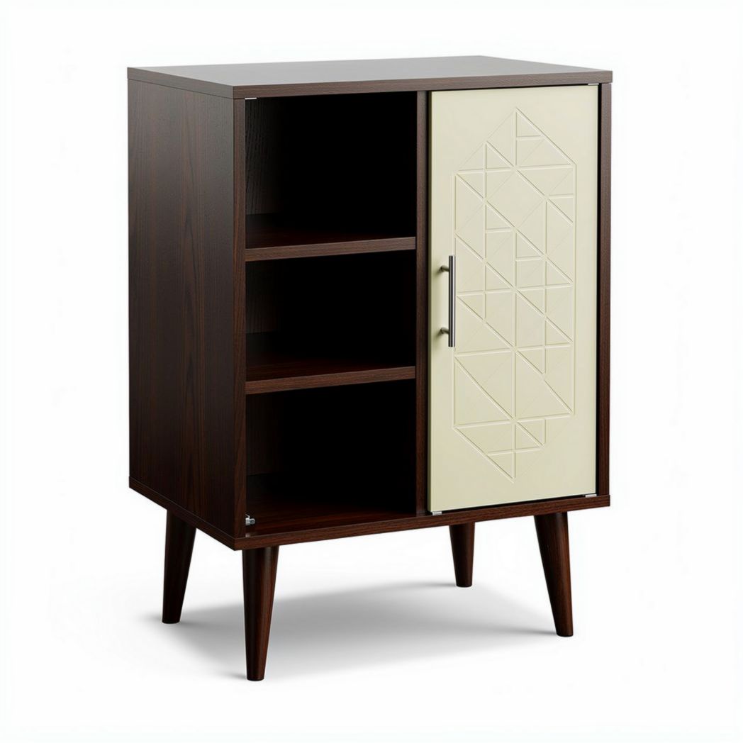 Brown wood storage cabinet with geometric design door and shelves 80 x 40 x 90cm