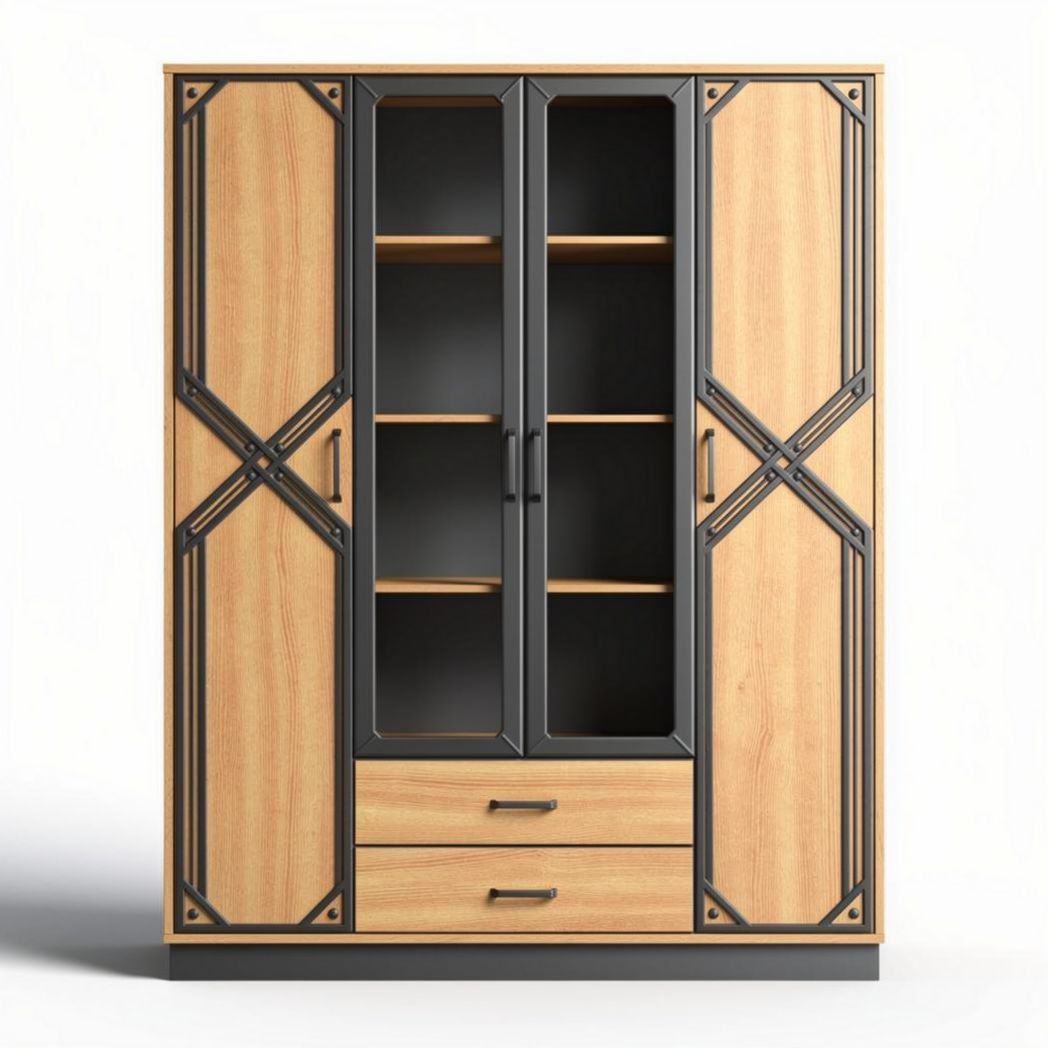 Wooden storage cabinet with glass doors and metal accents 100 x 40 x 150cm