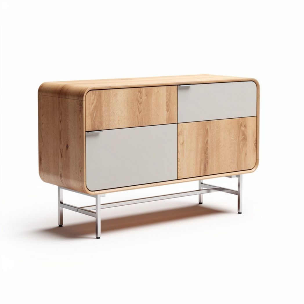 Modern wooden sideboard with four compartments and metal legs 120 x 45 x 75cm